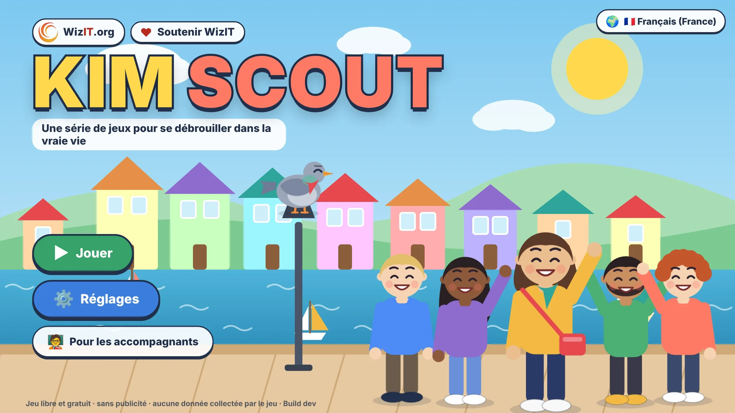 L'écran d'accueil de Kim Scout : le titre « Kim Scout » en grandes lettres jaunes et rouges, des maisons colorées au bord de l'eau, un pigeon perché sur un lampadaire, cinq personnages qui sourient et lèvent la main, et trois boutons à gauche — Jouer, Réglages et Pour les accompagnants.