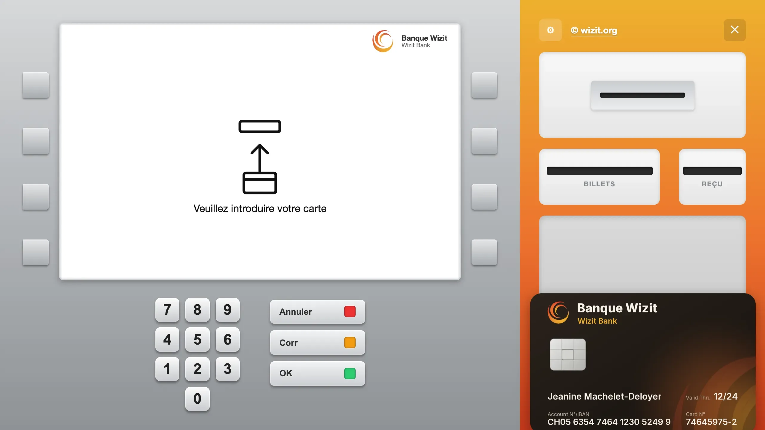 The machine at rest. On the left, the white screen of the Banque Wizit shows an arrow pointing at a slot and “Veuillez introduire votre carte”, with eight grey keys on its sides, the numeric keypad and the Annuler (Cancel), Corr (Correct) and OK keys. On the right, on an orange background, the card slot, the Billets (Banknotes) and Reçu (Receipt) slots, and the top of a black card lying on the tray.