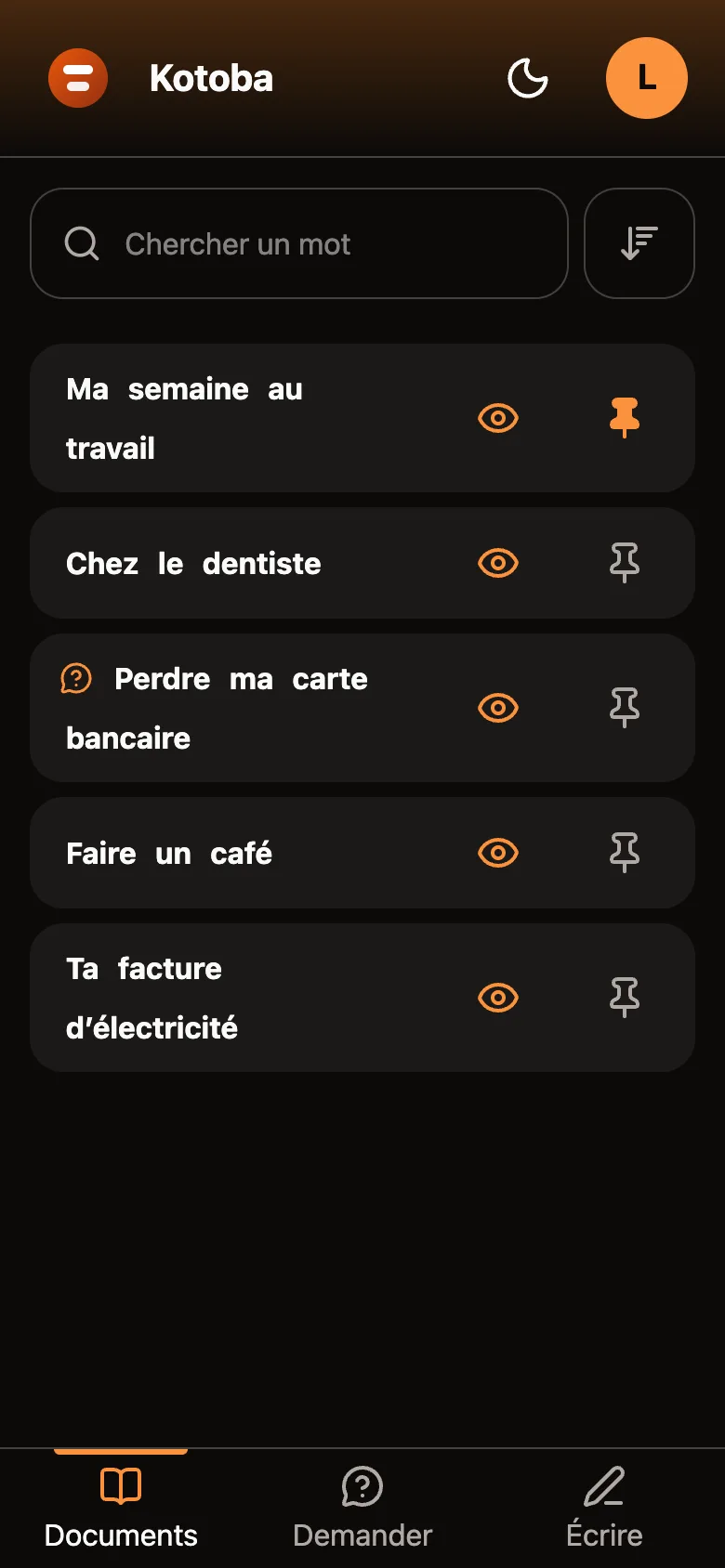 The Documents screen of Kotoba on a phone: a search bar, then five documents — “My week at work” pinned at the top, “At the dentist”, “Losing my bank card” with a question bubble, “Making a coffee” and “Your electricity bill” — and, at the bottom, the Documents, Ask, Write bar.