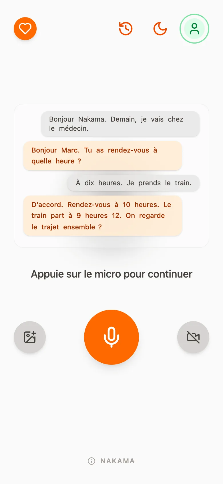The companion screen on a phone: four chat bubbles between Marc and Nakama, about a doctor's appointment and a train at 9:12, then the message “Press the microphone to continue”. At the bottom, a large orange microphone button between a photo button and a camera button.