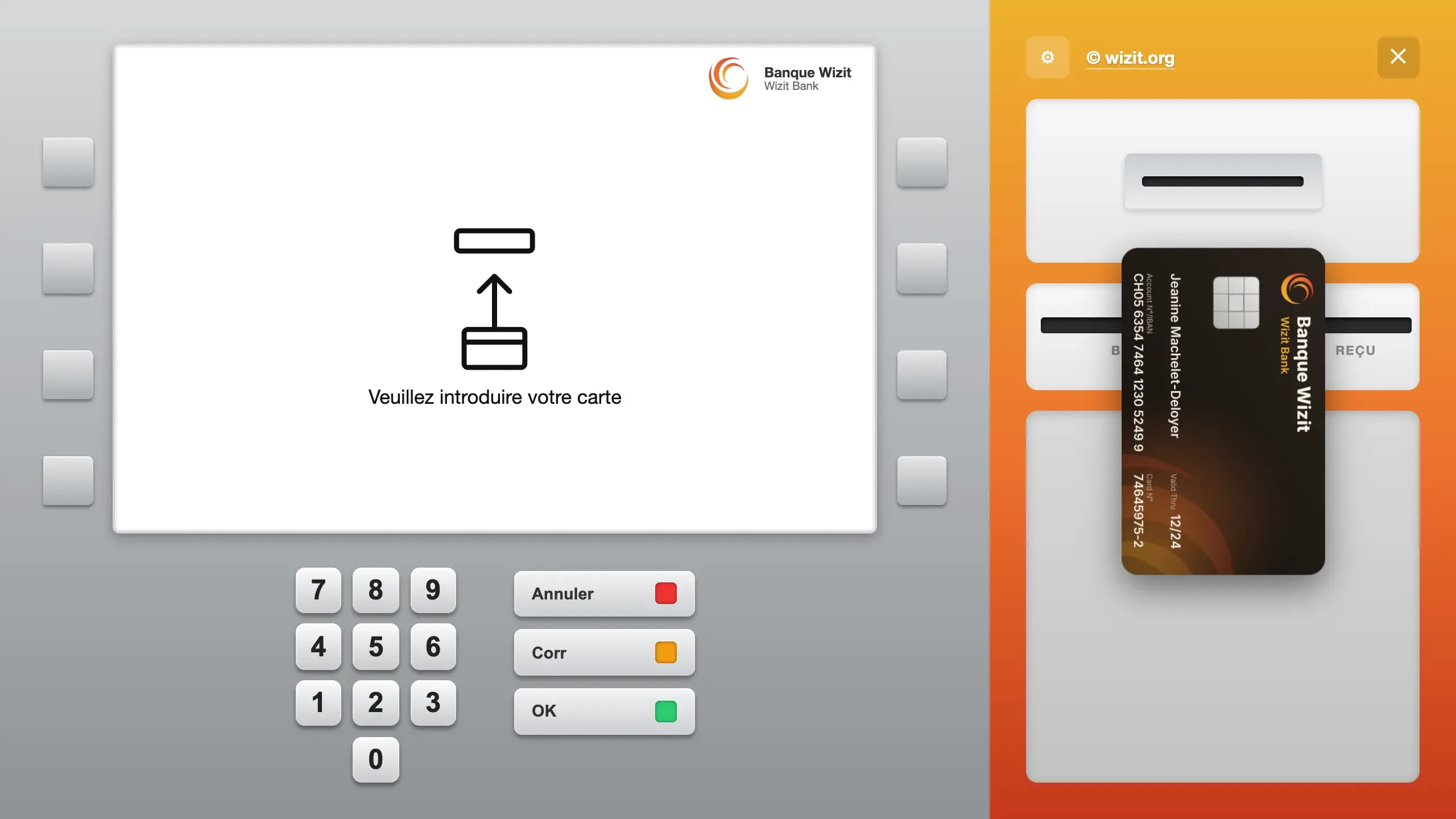 The black card, upright, halfway between the tray and the card slot, in front of the Billets (Banknotes) and Reçu (Receipt) slots. The screen still shows “Veuillez introduire votre carte”.