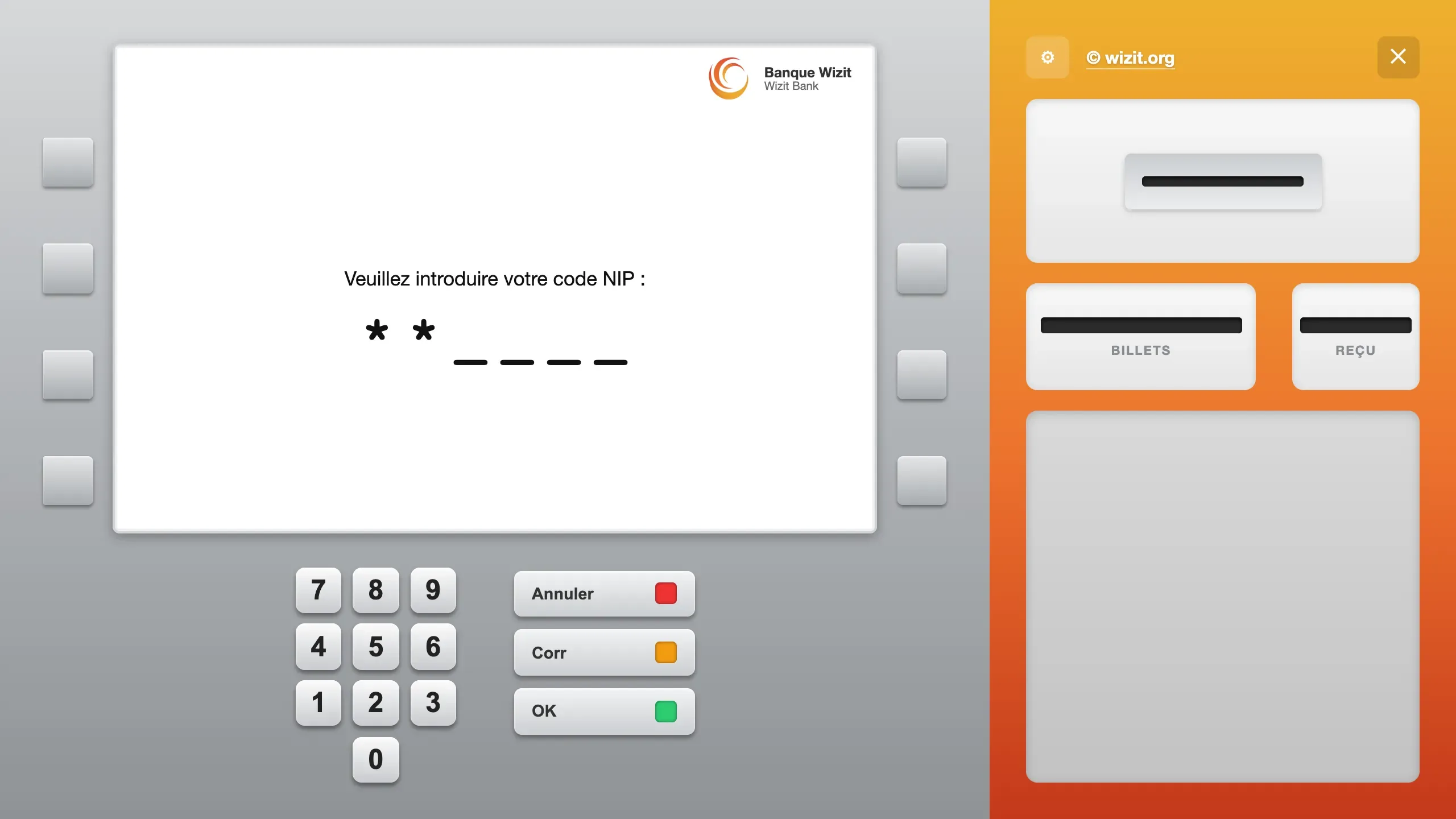 The screen shows “Veuillez introduire votre code NIP :”, then two stars followed by four dashes. The tray on the right is empty.