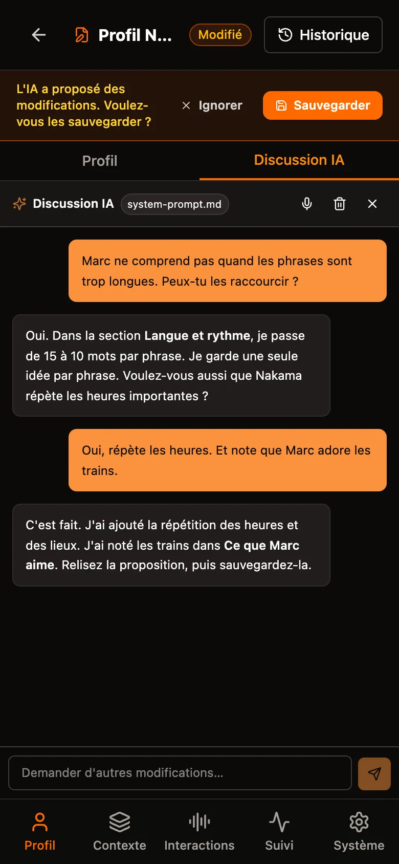 The “AI chat” tab of the “Nakama profile” screen: the carer asks to shorten the sentences, the AI answers, then they ask to repeat the times and to note that Marc loves trains. A banner at the top offers to ignore or save the changes.