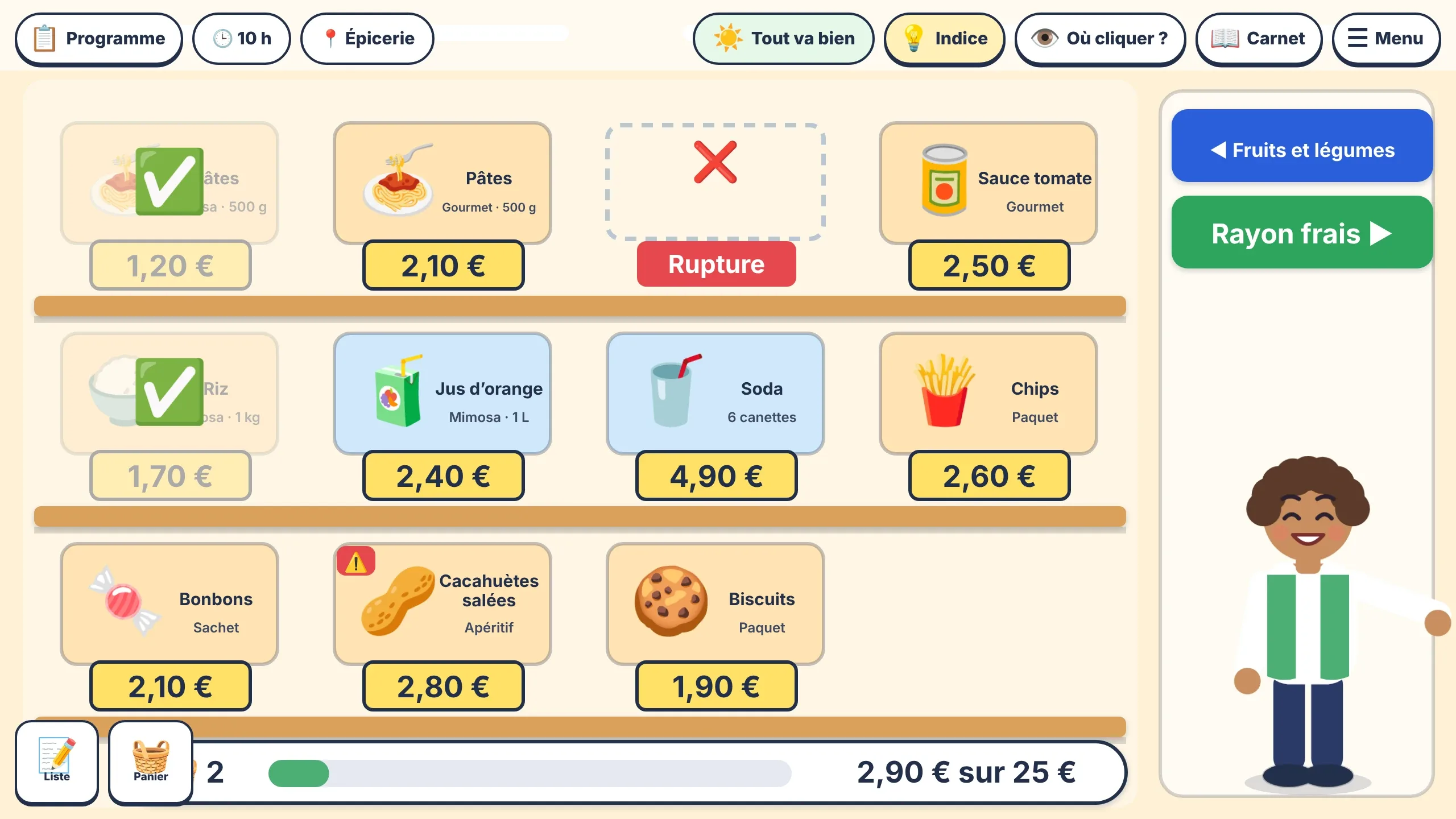 Le rayon épicerie d'un supermarché : trois étagères de produits avec leur prix, dont des pâtes à 1,20 € et du riz à 1,70 € cochés dans le panier. Une case barrée d'une croix rouge porte l'étiquette « Rupture ». En bas, une barre indique « 2,90 € sur 25 € ». Un employé sourit à droite, à côté de deux boutons, Fruits et légumes et Rayon frais.