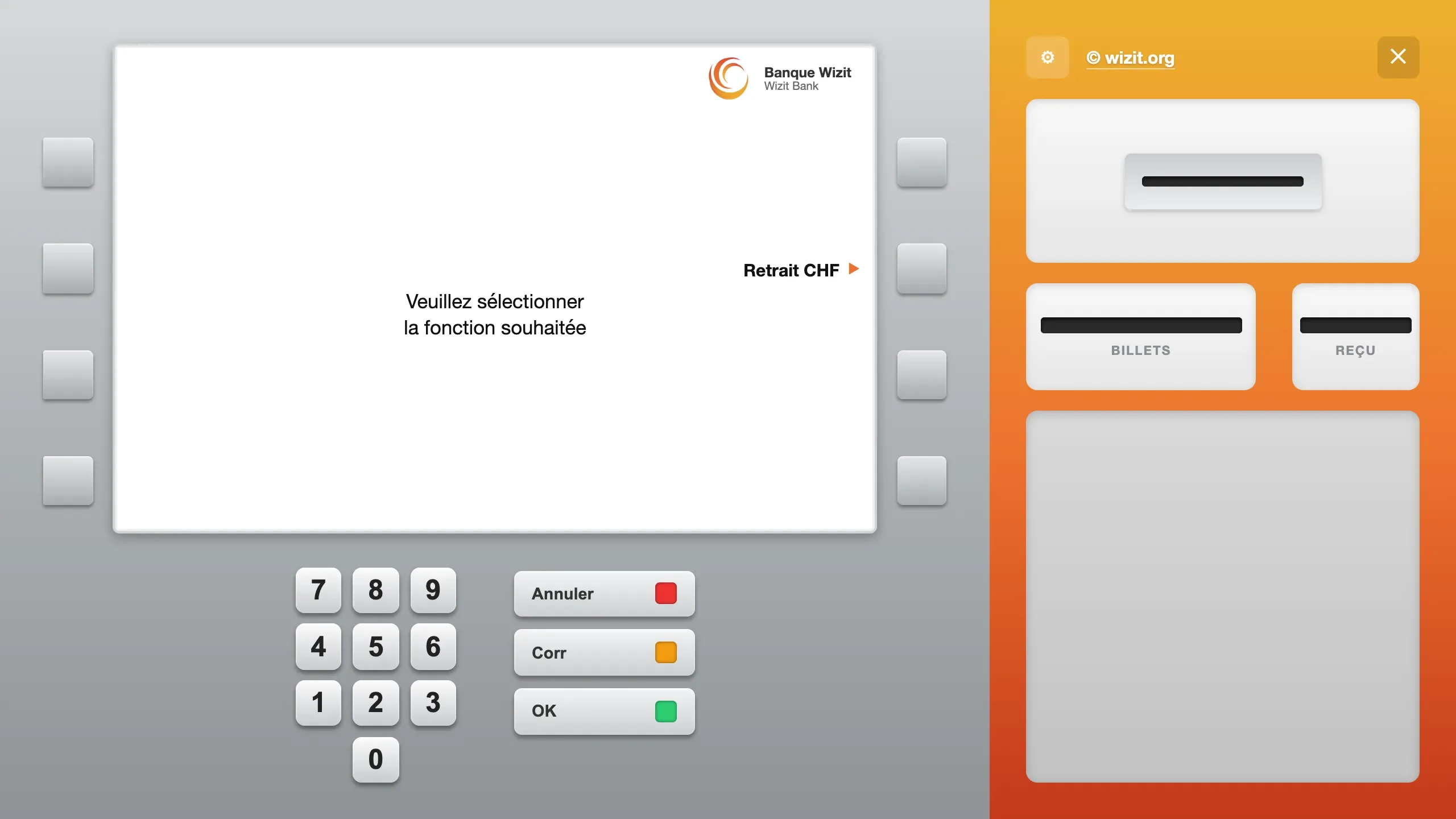 The screen shows “Veuillez sélectionner la fonction souhaitée” (“Please select the function you want”). On the right of the screen, the label “Retrait CHF” is followed by an orange arrow pointing at the second key.