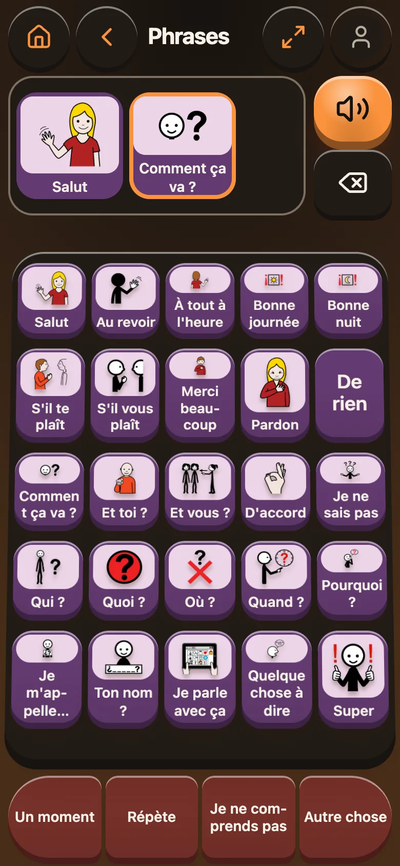 Le tableau « Phrases » en sombre et en relief : des touches violettes en trois dimensions sur un plateau penché — Salut, Au revoir, À tout à l'heure, Bonne journée, Bonne nuit, S'il te plaît, Pardon, Comment ça va ?, Qui ?, Quoi ?, Où ?, Quand ?… La phrase, en haut : « Salut » et « Comment ça va ? ».