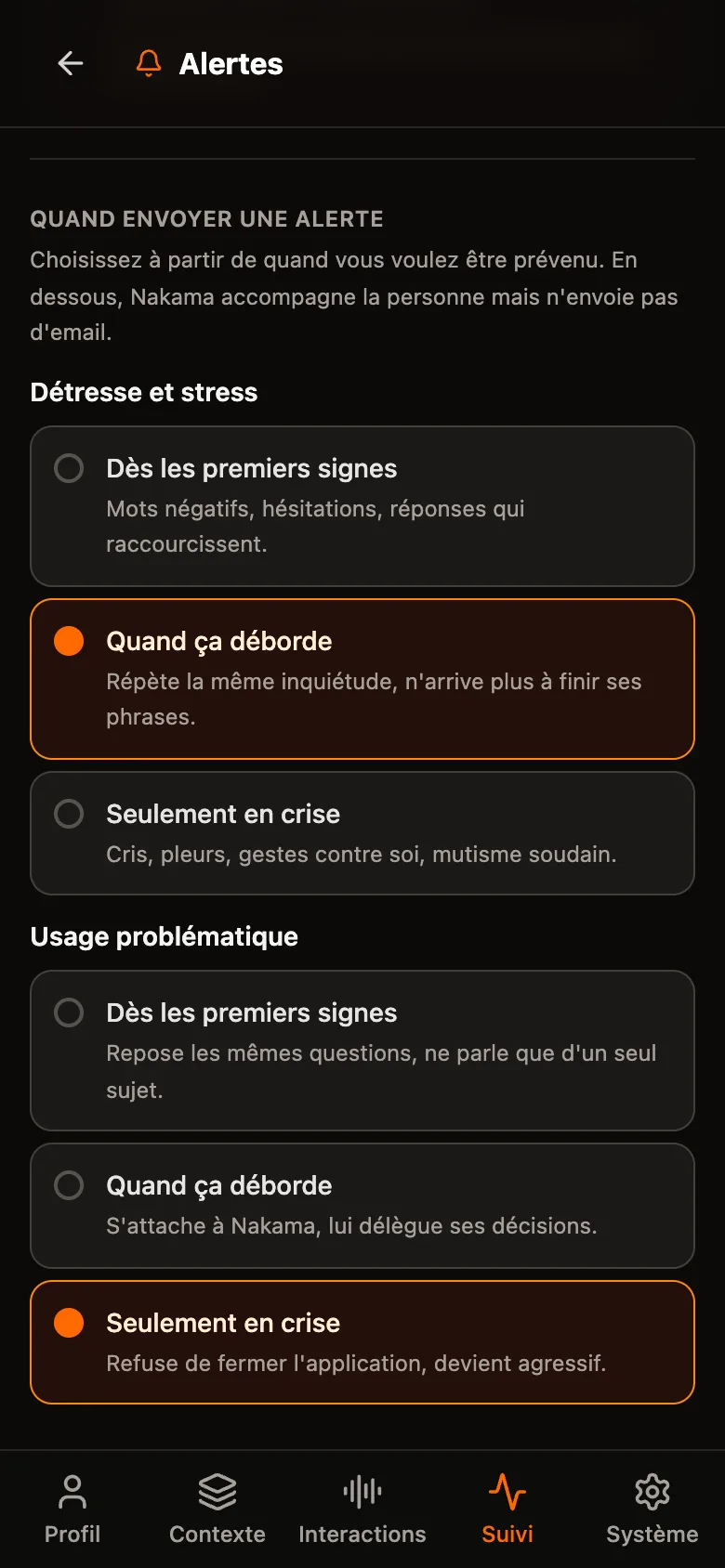 The “Alerts” screen, “When to send an alert” section. For “Distress and stress”, three levels: from the first signs, when it gets out of hand (chosen), only in a crisis. For “Problematic use”, the same three levels, with “Only in a crisis” chosen.