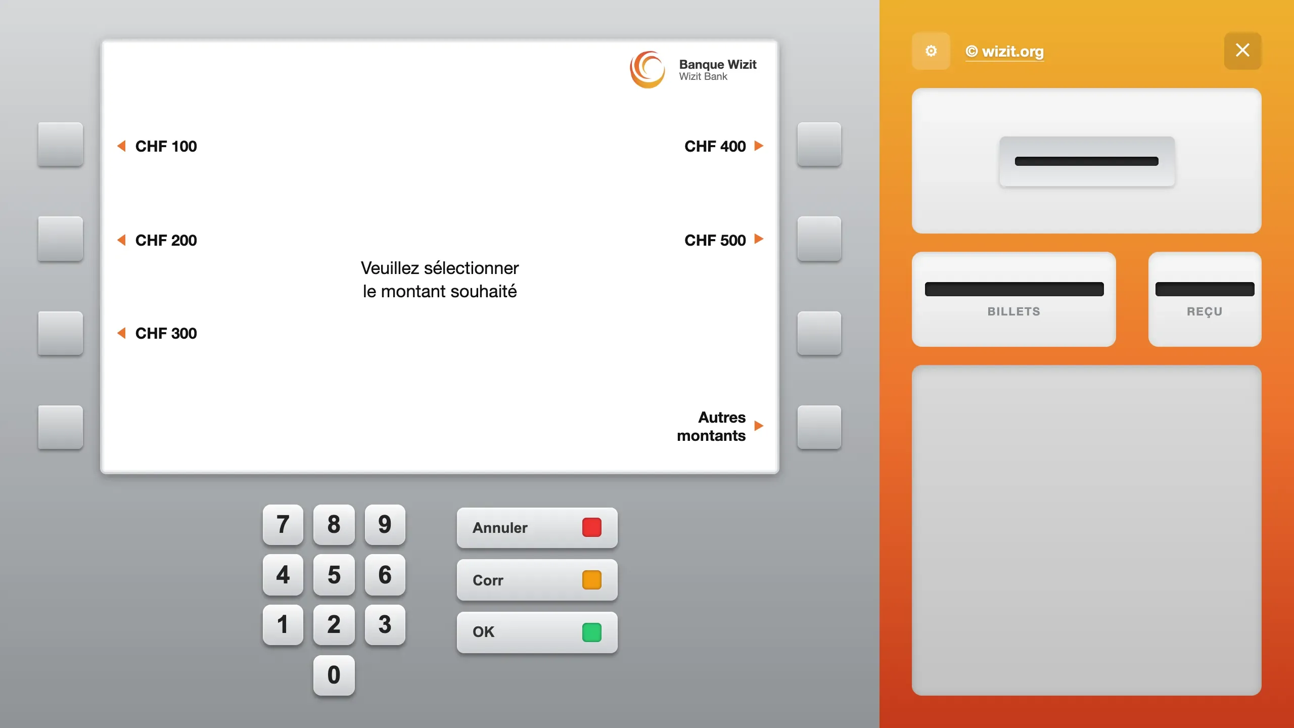 The screen shows “Veuillez sélectionner le montant souhaité” (“Please select the amount you want”). On the left: CHF 100, CHF 200 and CHF 300. On the right: CHF 400, CHF 500 and “Autres montants”. Each label is tied to its key by an orange arrow.