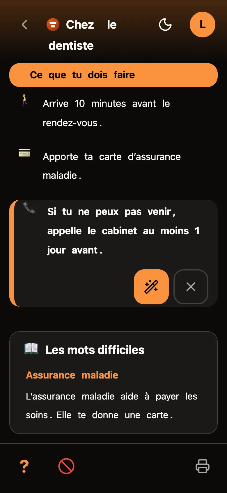A dark document: the sentence “If you cannot come, call the surgery at least 1 day before” is marked with an orange edge, with two buttons below — a wand to rewrite it more simply, and a cross to remove the mark. Further down, a “Difficult words” box explains “Health insurance”.