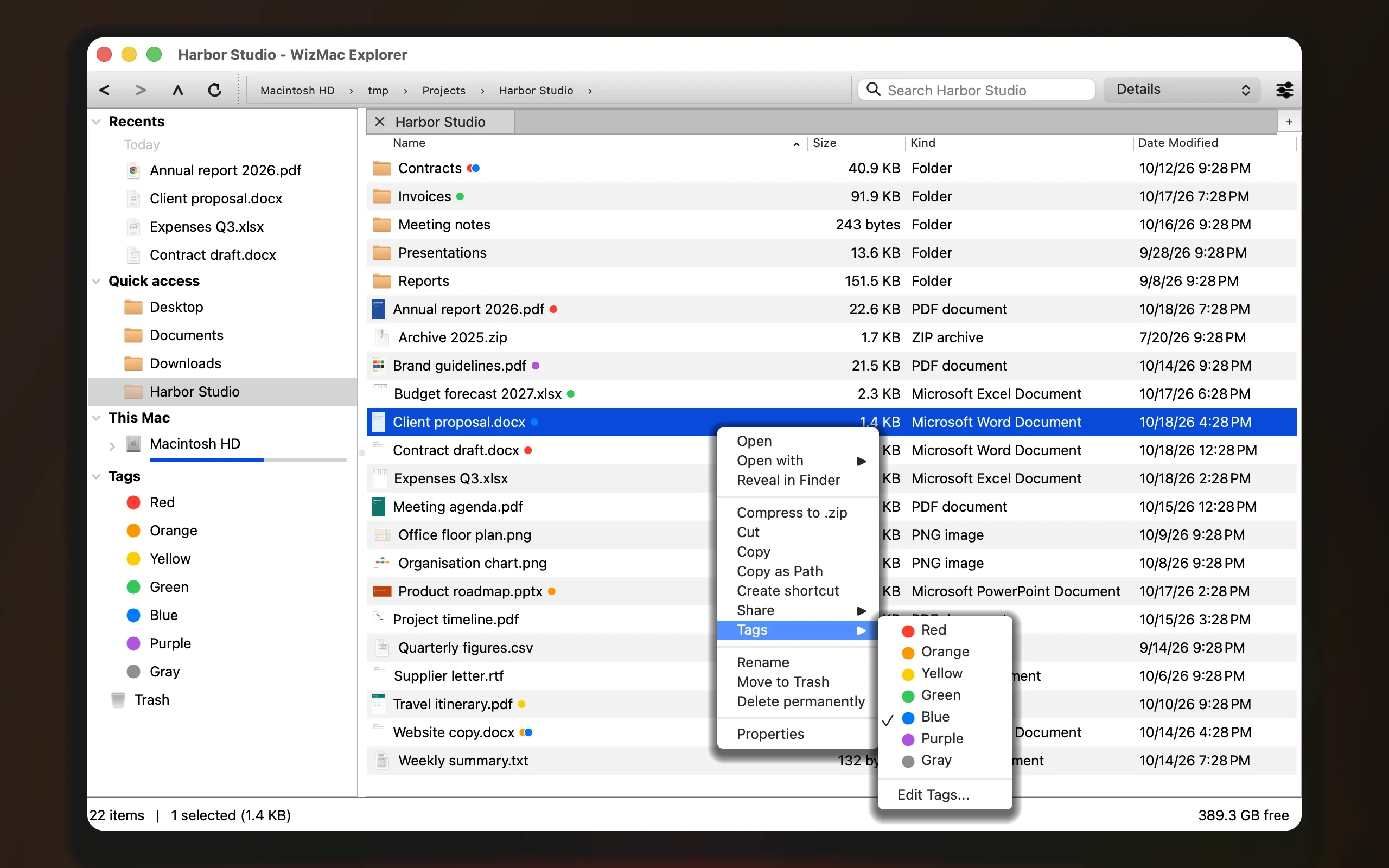 Le menu du clic droit d'un document Word, avec son sous-menu Tags ouvert sur les sept couleurs du Finder et Modifier les tags.