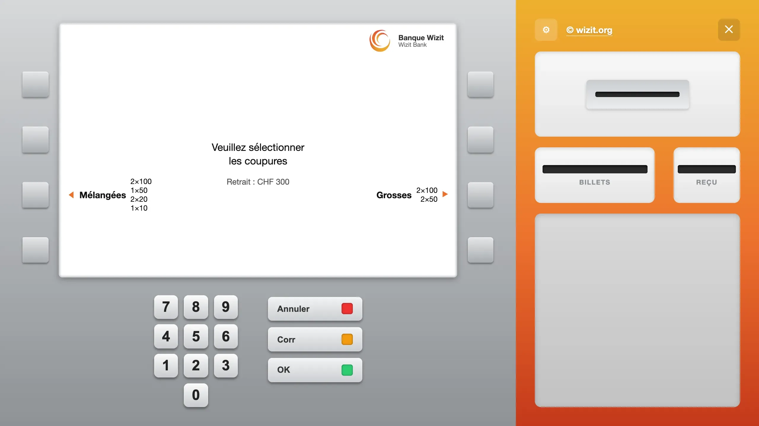 The screen shows “Veuillez sélectionner les coupures” (“Please select the notes”) and “Retrait : CHF 300”. On the left, “Mélangées” with 2 × 100, 1 × 50, 2 × 20 and 1 × 10. On the right, “Grosses” with 2 × 100 and 2 × 50.