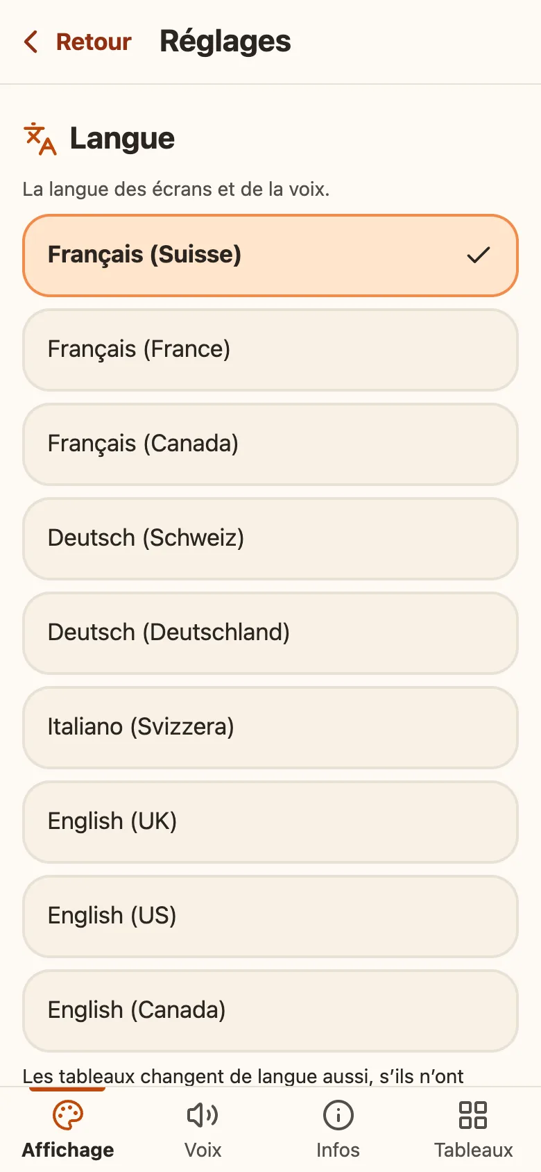 Les Réglages, onglet Affichage, partie Langue : Français (Suisse), coché, puis Français (France), Français (Canada), Deutsch (Schweiz), Deutsch (Deutschland), Italiano (Svizzera), English (UK), English (US) et English (Canada). En bas, les onglets Affichage, Voix, Infos et Tableaux.