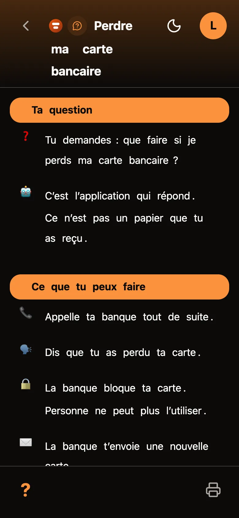 A dark document titled “Losing my bank card”: the question repeated, the sentence “It is the app that answers. It is not a paper you received.”, then the steps to call the bank and have the card blocked.