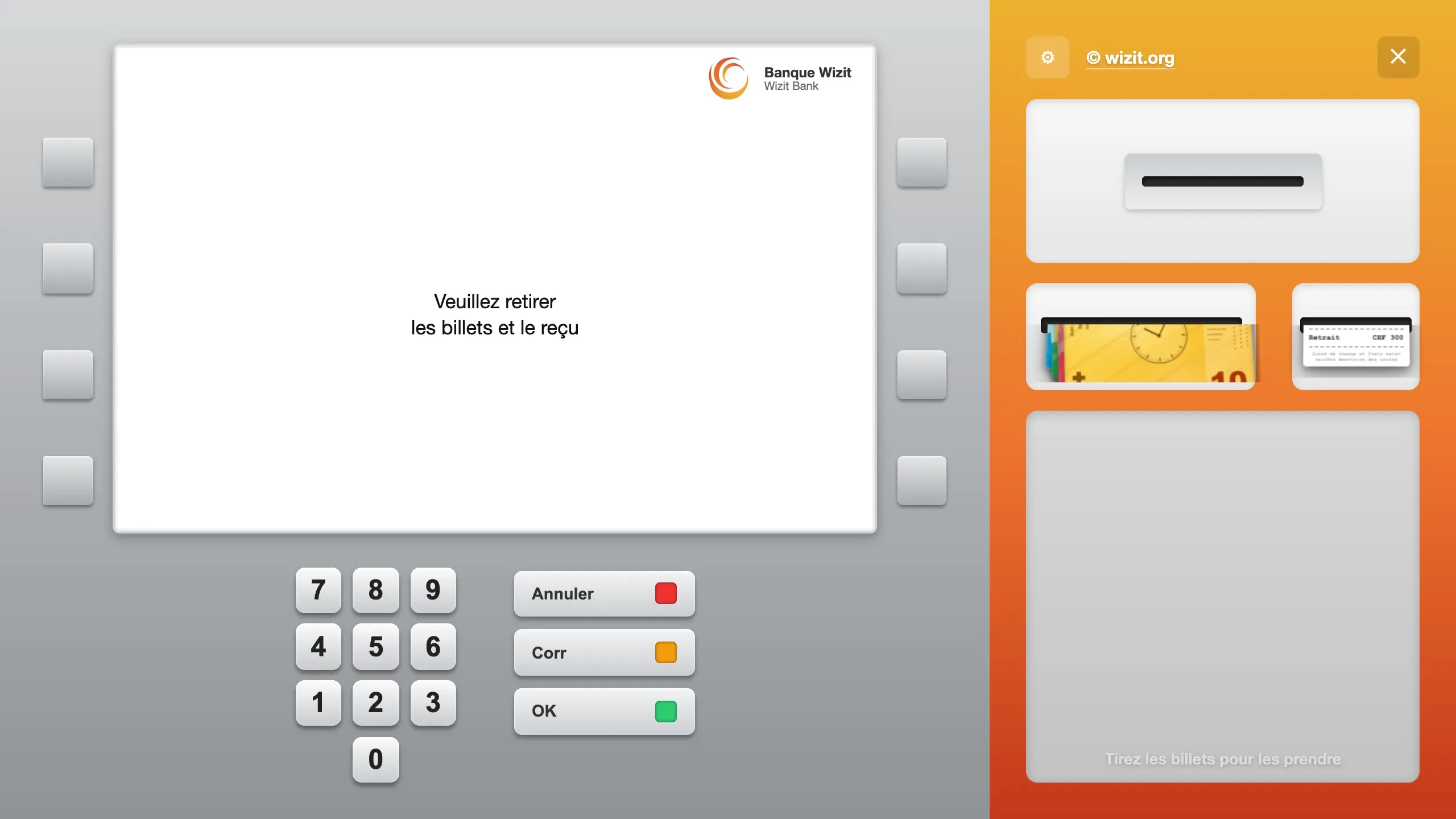 The screen shows “Veuillez retirer les billets et le reçu” (“Please take your banknotes and receipt”). On the tray on the right, a stack of Swiss banknotes comes half out of the Billets slot, and a printed receipt, “Retrait CHF 300”, comes out of the Reçu slot. Below them, the text “Tirez les billets pour les prendre” (“Pull the banknotes to take them”).