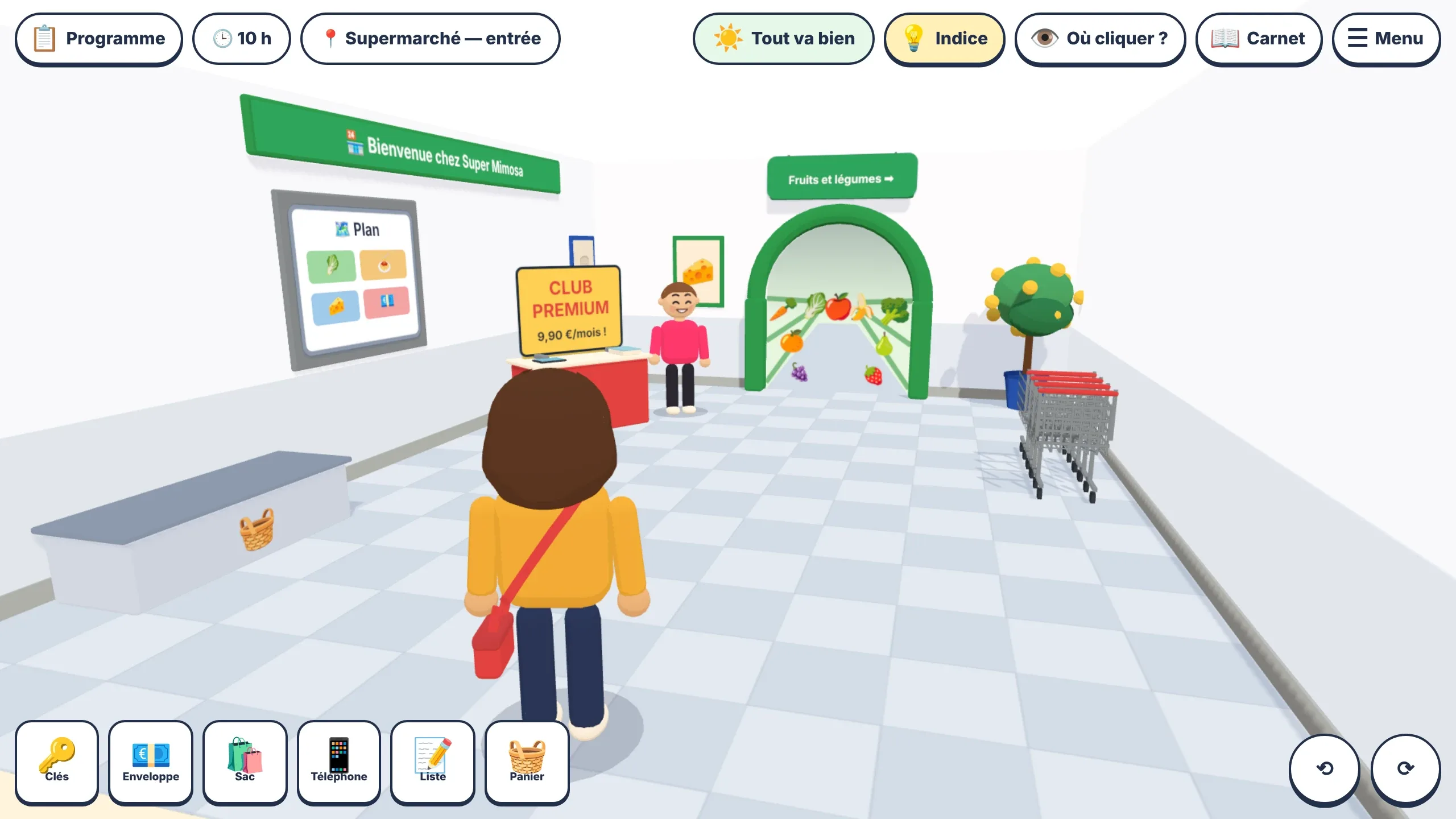 L'entrée du supermarché en 3D : à gauche, le panneau « Plan » et un banc avec un panier ; au centre, un stand jaune « Club Premium » devant lequel se tient Kévin, en pull rose ; au fond, une arche verte menant aux fruits et légumes ; à droite, des chariots alignés. En bas à gauche, l'inventaire de Kim : clés, enveloppe, sac, téléphone, liste et panier.