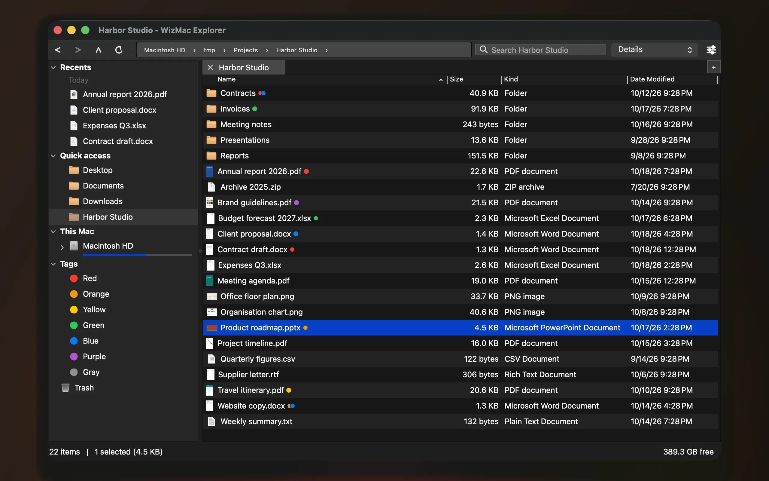 WizMac Explorer en thème sombre, en vue Détails, avec le même dossier de documents.