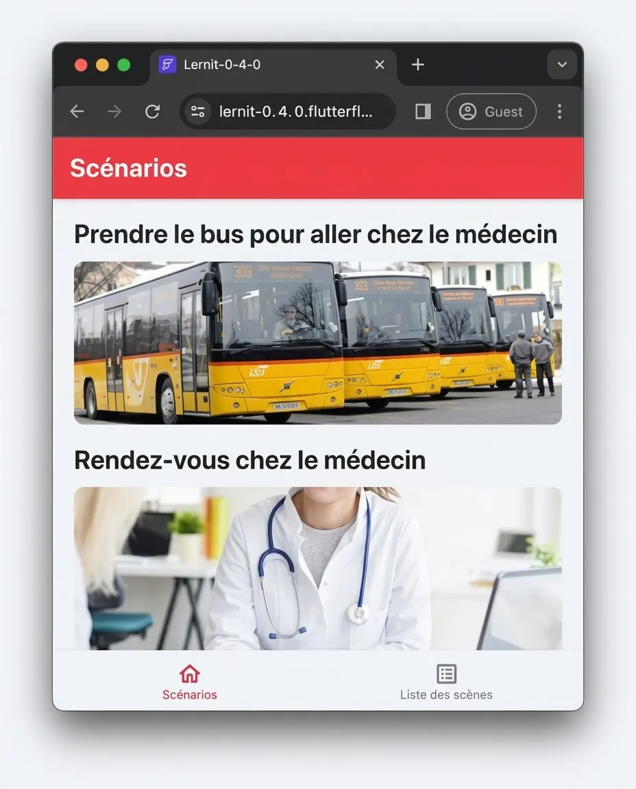 Fenêtre de l'application LERNIT : une liste de scénarios d'apprentissage, « Prendre le bus pour aller chez le médecin » avec une photo de cars postaux, puis « Rendez-vous chez le médecin » avec une photo de soignante.