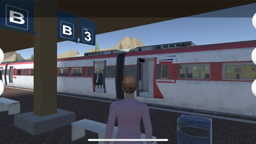 Image de la simulation 3D : vue de dos d'un personnage debout sur un quai de gare, devant un train aux portes ouvertes. Deux panneaux indiquent le secteur B et la voie 3.