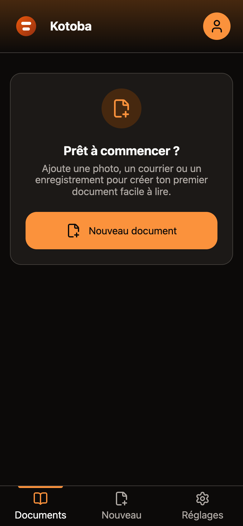 Écran d'accueil de l'application Kotoba sur téléphone