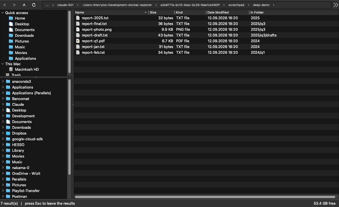 WizMac Explorer showing search results in a folder, with the Quick access tree on the left